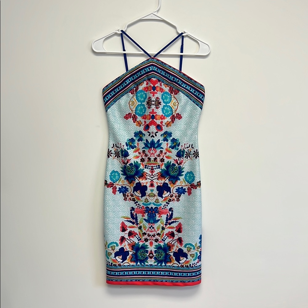 Bisou BisouWomen's Pink Blue floral Beachy Vacation Halter Mini Dress Size Small